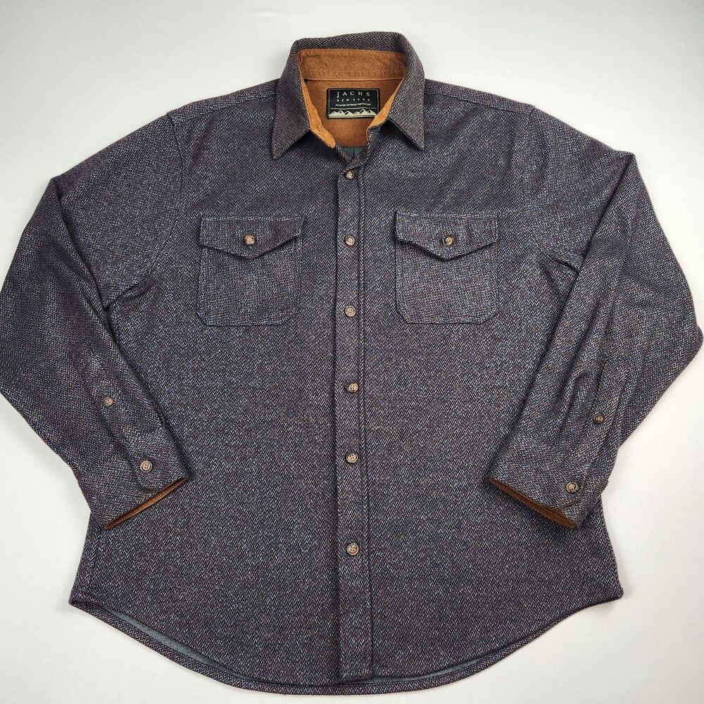 Jachs New York Mens Gray Herringbone Shirt Jacket Corduroy Trim Large Shacket